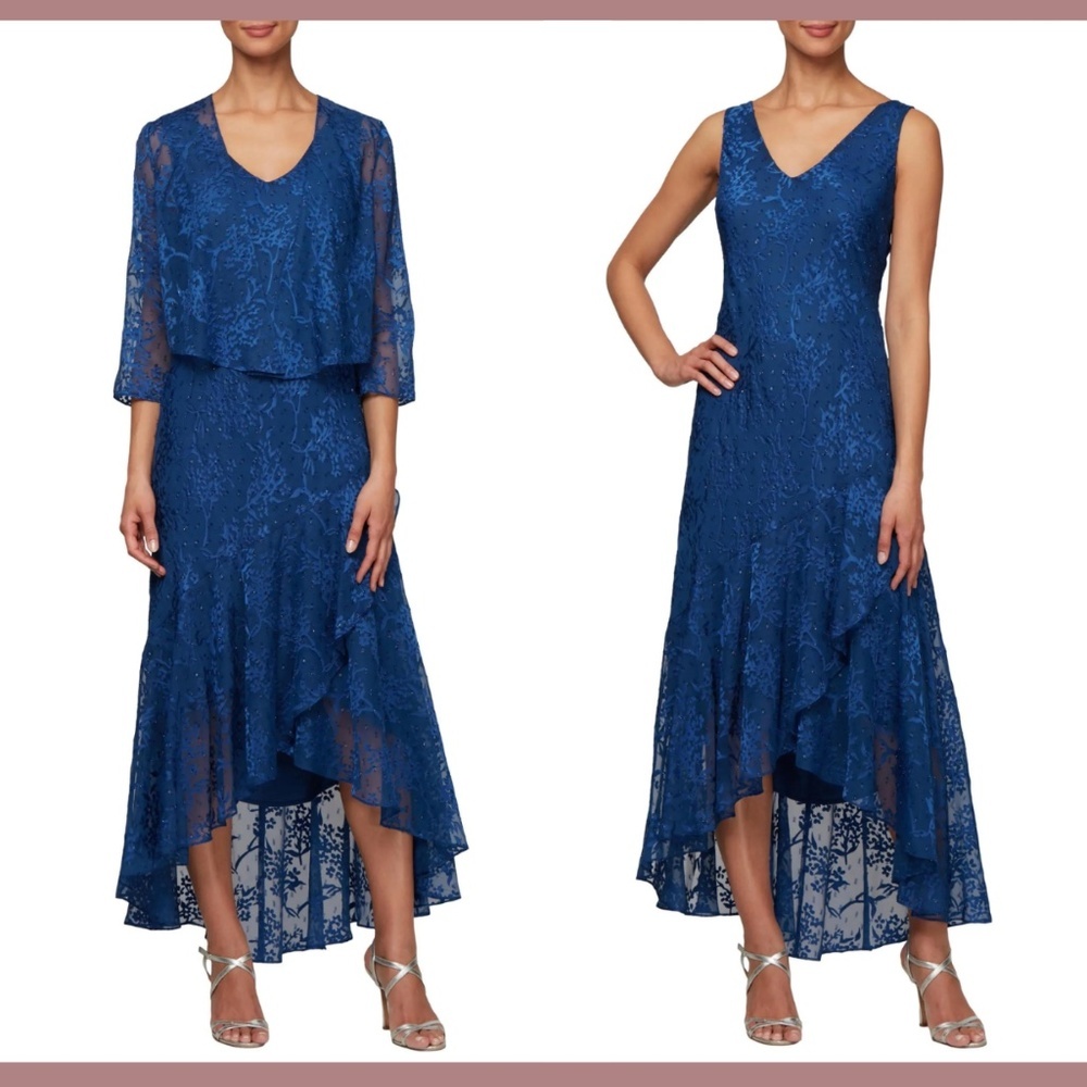 NWT Alex Evenings [ 12 ] Textured Floral Burnout Hi-Low Dress w/ Jacket‎